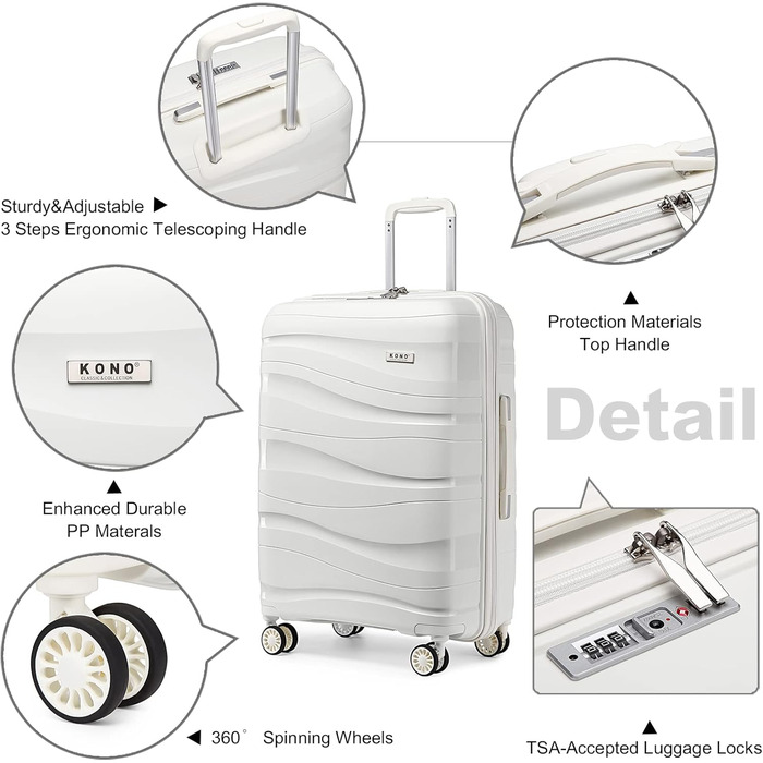 KONO Чемодан середнього розміру 65 см з поліпропілену з TSA замком, 65x46x26.5 см (Крем-білий)