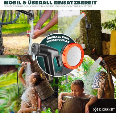 Соняшний душ KESSER® з насосом та акумулятором 8000mAh. Комплект для кемпінгу: регульована лійка, шланг 2м, пістолет-розпилювач, кріплення. Без бака, оранжевий/чорний