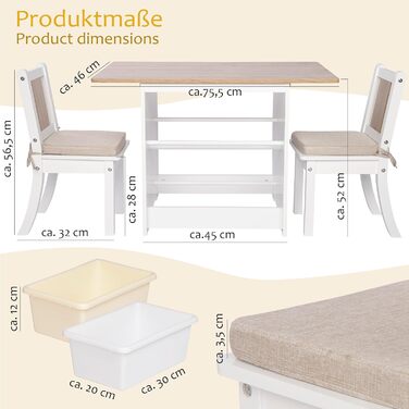 Дитячий столик та стільці ONVAYA® білого кольору з дерева | Дитячий меблевий набір з місцем для зберігання | Дитяча кімната