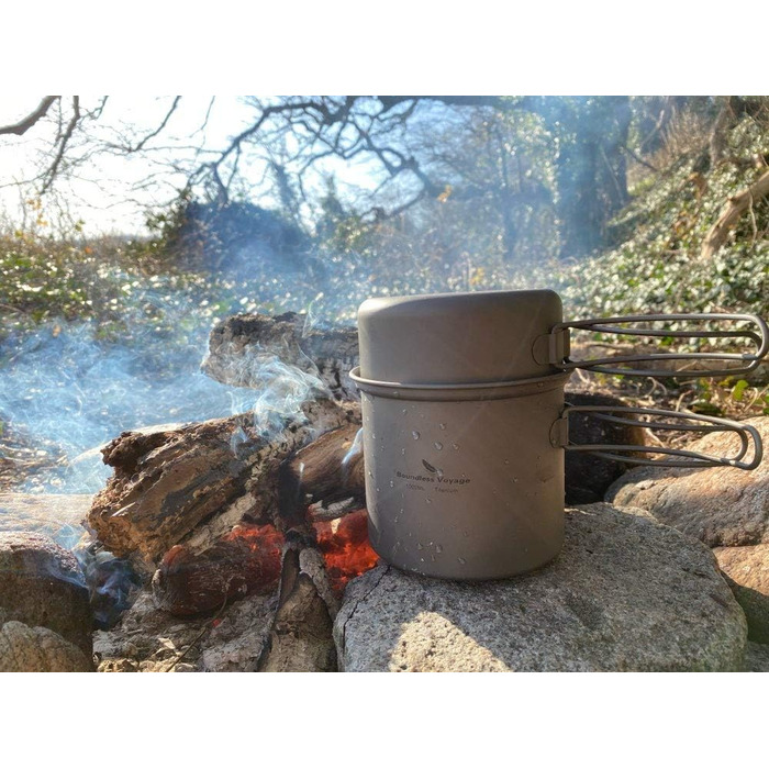 Набір посуду iBasingo з титану (2 шт.): каструля 1000мл, сковорода 500мл для кемпінгу та відпочинку на природі