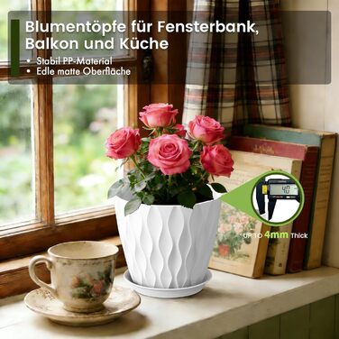 Набір горщиків для квітів 20 см, 5 шт. з підставкою та дренажними отворами, пластик, білий. Підходить для монстери, герані та інших кімнатних/садових рослин.