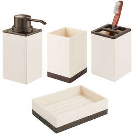 Набір приладдя для ванної mDesign з 4 предметів-тримач для зубної щітки, дозатор мила, мильниця і чашка в елегантному дизайнерському наборі для ванної з міцного пластику- (кремового / бронзового кольору)