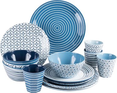 Набір посуду для кемпінгу на 4 особи, блакитно-білий, з меламіну, 16 предметів. Ідеально для кемпінгу, автодому та пікніків