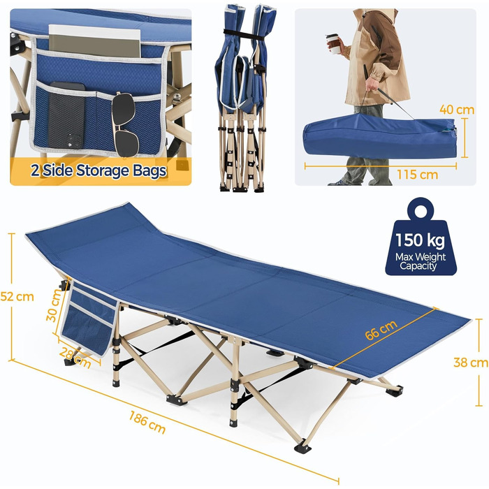 Розкладне кемпінгове ліжко Yaheetech для відпочинку та риболовлі, темно-синє, витримує до 150 кг, з кишенею та сумкою для транспортування