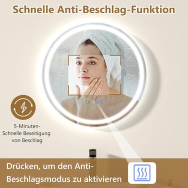 LED дзеркало для ванної кімнати Relax4Life з підсвічуванням, сенсорним вимикачем, протитуманним покриттям, регулюванням яскравості, 3 кольорами світла, індикатором часу та температури (60 x 60 см)