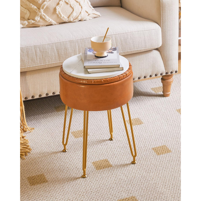 Пуф-табуретка з велюру круглої форми, золоті ніжки, для макіяжу та відпочинку, L/G-30P (з ящиком для зберігання, світло-коричневий)