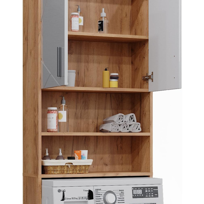 Шафа для пральної машини Vicco Irma, білий глянець/дуб, 64x190,5 см, ванна шафа над пральною машиною