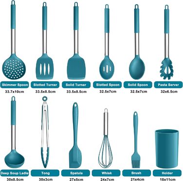 Набір кухонного інвентарю Herogo, 12 шт. Силіконові кухонні інструменти з нержавіючою сталею, термостійкі кухонні прилади, лопатки, ложки, шпателі з підставкою, легко миються (Блакитний)