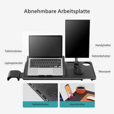 Офісне крісло Newtral Ergonomic, комп'ютерне крісло з регульованою спинкою та підлокітниками (чорний, NT001) + знімна стільниця