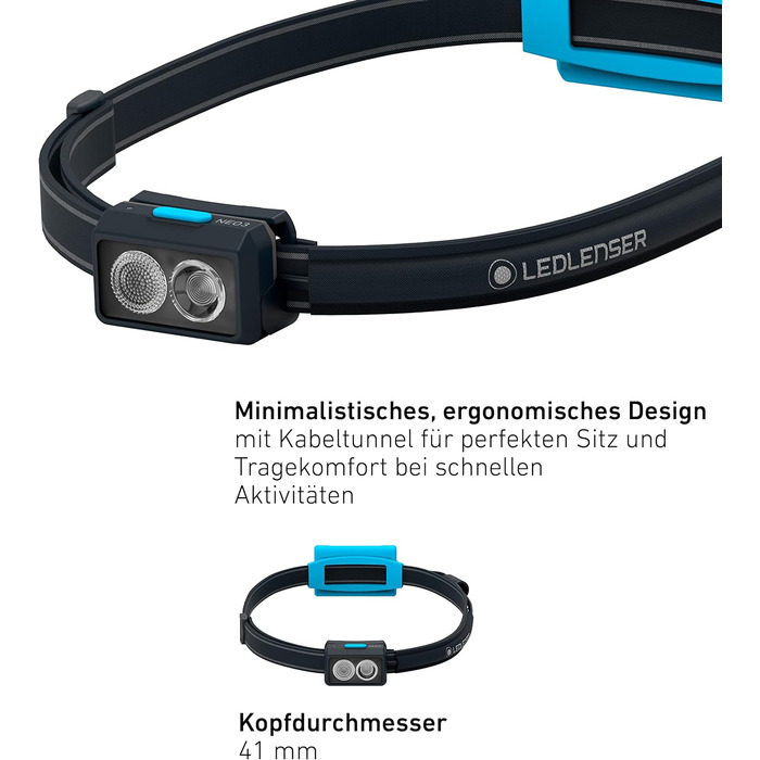 Налобний ліхтар Ledlenser NEO3, 400 лм, батарейки, червоне заднє світло, світловідбиваюче наголов'я, поворотний, ближнє і дальнє світло, чорний/синій