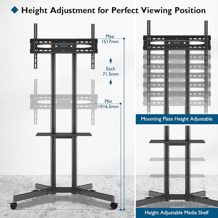 Тумба під телевізор BONTEC з колесами, регулюється по висоті для телевізорів 32-85 дюймів до 60 кг, VESA 600x400 мм