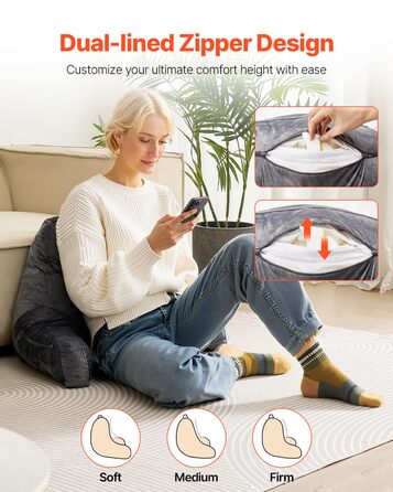 Крісло-мішок VEVOR з memory foam, з кишенями та чохлом з велюру, сіре - для читання, перегляду телевізора та ігор