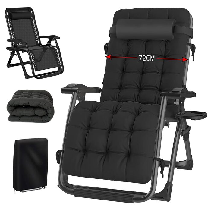 Розкладний шезлонг для відпочинку: зручний садовий стілець з регульованою спинкою, чорний (72 см)