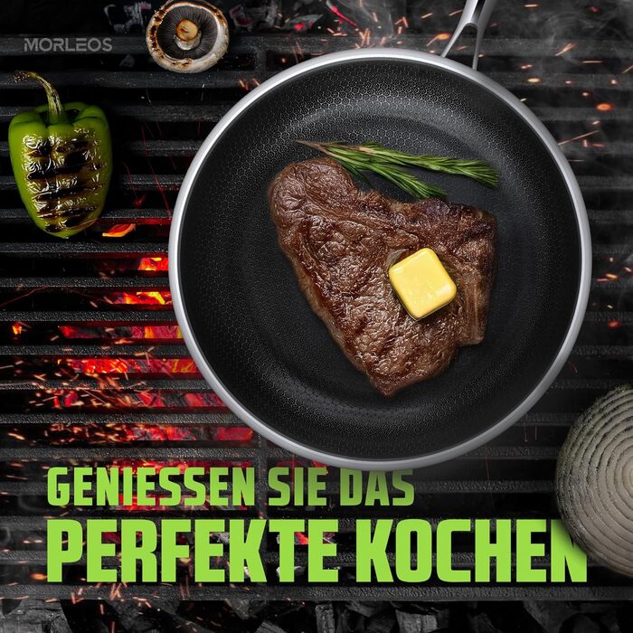 Сковорода Morleos з керамічним покриттям 32 см без PFAS та PTFE | Сковорода-пательня з стільниковою структурою | 5-шарова, 3 мм, 1,67 кг | Преміум-якість для індукційних плит | Антипригарна, для духовки та посудомийної машини