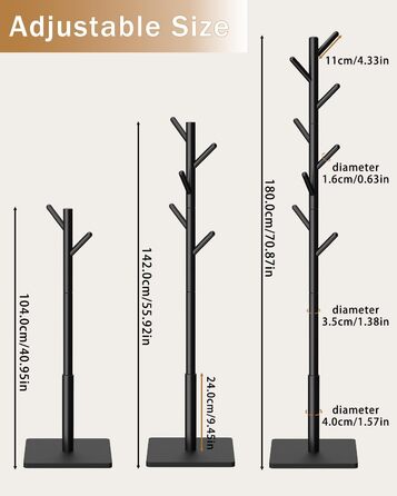 Дерев'яна вішалка для одягу Yawinhe, 180 см, 8 гачків, 3 рівня висоти, чорна