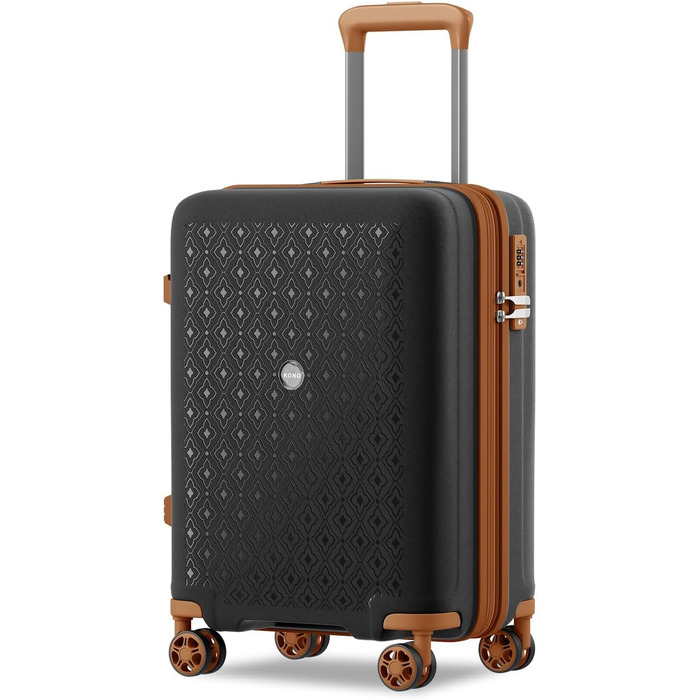 Чемодан ручної поклажі KONO з тримачем для напоїв, жорсткий корпус, легкий, поліпропілен, розширюваний, з 4 колесами та TSA замком (Чорний/Коричневий, M)
