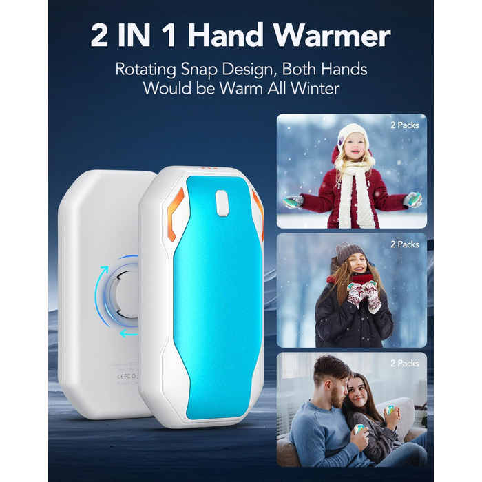 Електричні грілки для рук PHEJIE 2 шт. з 3 режимами нагріву, портативні, для активного відпочинку, кемпінгу, гольфу, подарунок для жінок та чоловіків (синьо-білі)