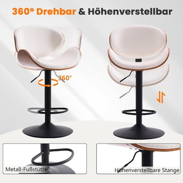 Барний стілець YOUTASTE з вигнутого дерева, 1 шт., 360° обертання, з підлокітником та підніжкою, PU-шкіра, білий