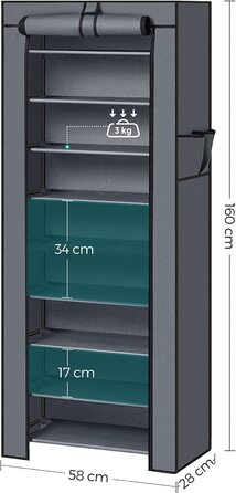 Полиця для взуття SONGMICS з 10 ярусами, 28 x 58 x 160 см, шафа для взуття, зберігання взуття, з пилонепроникним чохлом, органайзер для взуття, для високих підборів, спортивне взуття, металевий каркас, RXJ10H (10 ярусів (28 x 58 x 160 см), сірий)