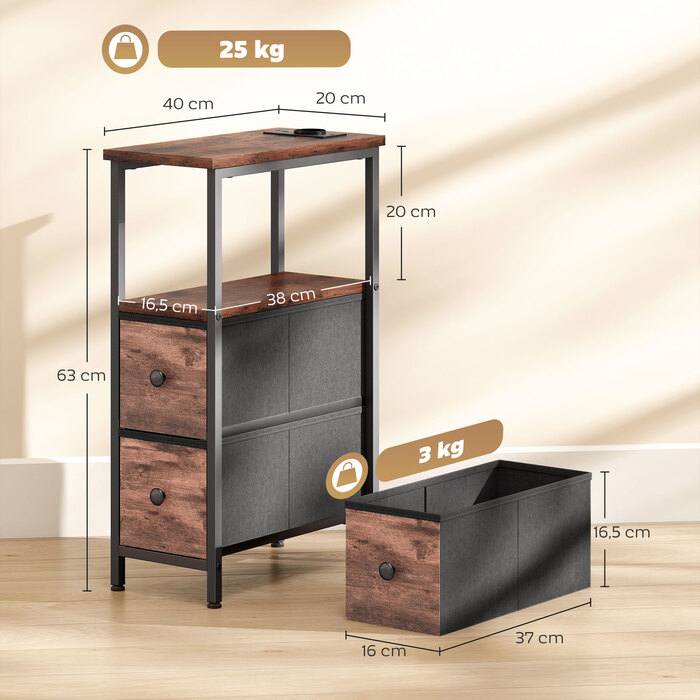 Журнальний столик-приліжний столик з підзарядною станцією, сталевий каркас, 2 висувні ящики з тканиною, відкритий відсік, розміри 20x40x63 см, колір: рустикальний коричневий.