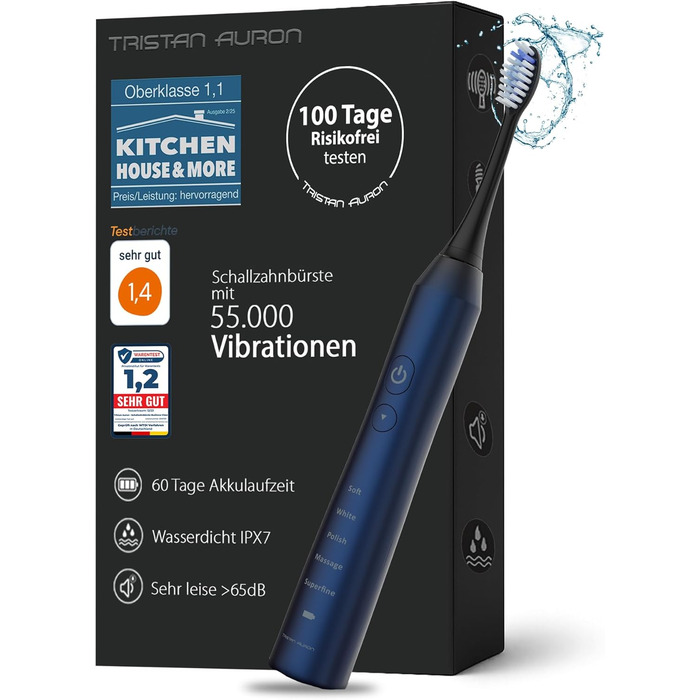 Електрична зубна щітка Tristan Auron - 55 000 вібрацій, 5 режимів, 60 днів роботи від акумулятора, компактна та тиха, з 2 насадками, для бережного очищення зубів (Червона) (B - Синя)