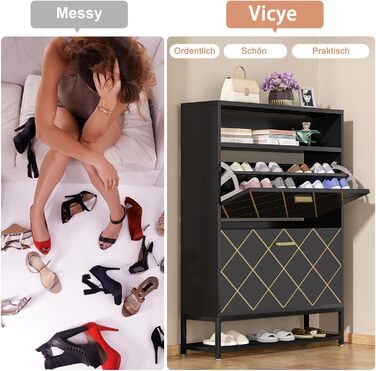 Взуттєва шафа Vicye з LED-підсвіткою, 24 пари, 2 відкидні полиці, чорна, для передпокою, вітальні, спальні