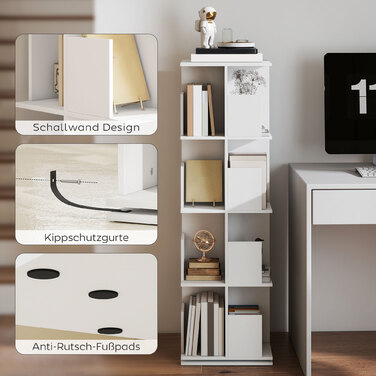 Поворотна книжкова полиця з 4 ярусами та 16 відділеннями, забезпечує легкий доступ, ідеально підходить для спальні, вітальні або кабінету. Виготовлена з ДСП, колір – білий.