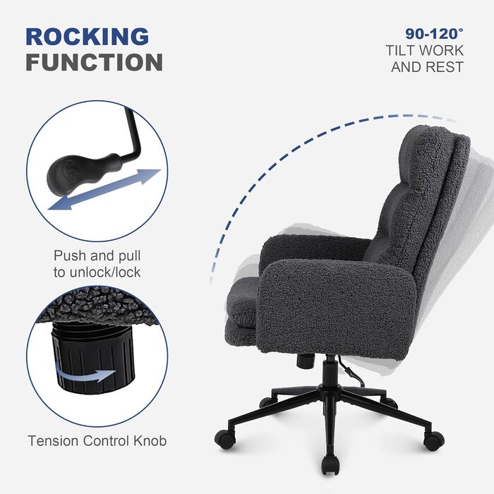 Крісло для роботи Youhauchair з кашеміру, ергономічне офісне крісло з високою спинкою, зручне крісло для туалету, обертове крісло для столу з регульованою висотою, кашемір, висока спинка (темно-сірий)