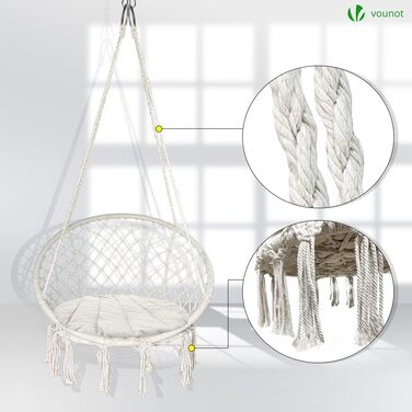 Підвісне крісло-гойдалка VOUNOT з полицею для книг та подушкою, для дому та саду, діаметр сидіння 80 см, X-Large, Бежевий