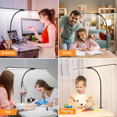 OUTON LED лампа для столу з двома головками, 85.5 см, 1600 люмен, сенсорне керування, регулювання яскравості, 5 температур кольору, таймер, пам'ять, захист очей, кріпиться за допомогою затискача, для офісу та дому, чорний