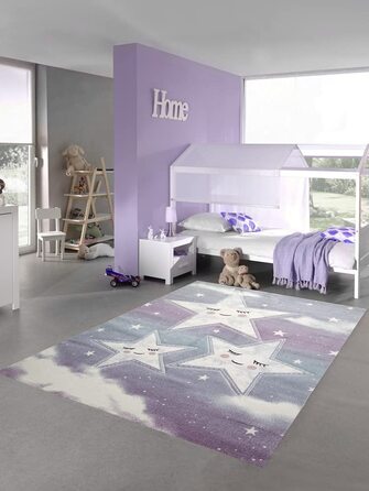 Килим-мрія, килим для дитячої кімнати, килимок для ігор, дизайн неба, хмар, зірок, синій крем, розмір 200 х 290 см, 200 х 290 см, синій крем