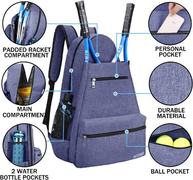 Тенісний рюкзак Acosen-великі жіночі та чоловічі тенісні сумки для тенісних ракеток, ракеток для піклболу, ракеток для бадмінтону, ракеток для сквошу, м'ячів та інших аксесуарів (фіолетовий)