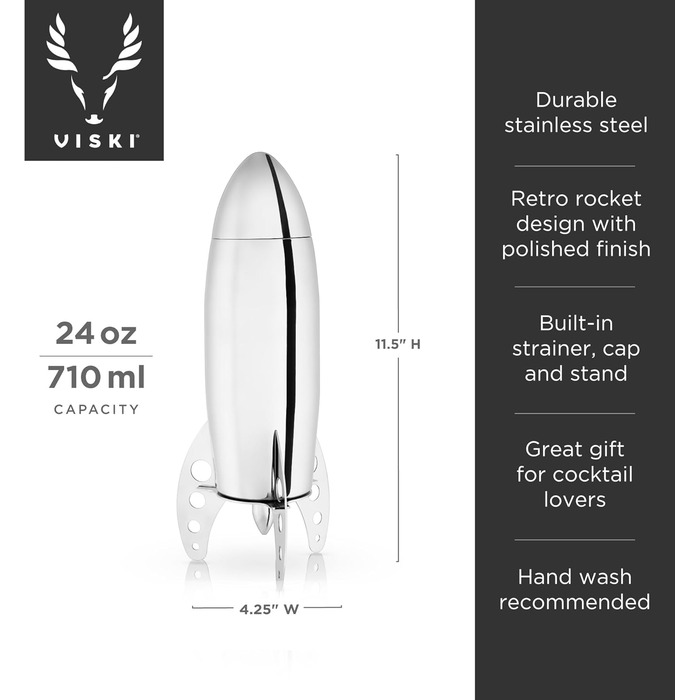 Шейкер для коктейлів Viski Rocket з фільтром - набір для приготування холодного кофе, маргарити, еспресо, мартини. Нержавіюча сталь, аксесуари для домашнього бару, подарунок, срібний колір