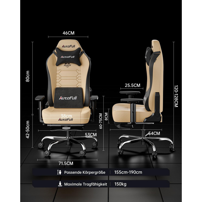 Ігровий крісло AutoFull C3 з ергономічним дизайном | Крісло з регульованими підлокітниками, підставкою для ніг, подушкою для голови та попереку | Макс. навантаження 150 кг | Зручна тканинна оббивка (Колір: Коричневий)