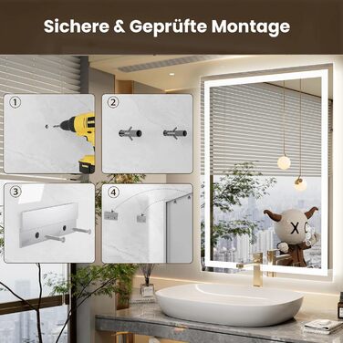 LED дзеркало для ванної кімнати 60x80 см з підсвічуванням, сенсорне керування, регулювання яскравості, 3 кольори світла, антизапар, IP44, вертикальна/горизонтальна орієнтація