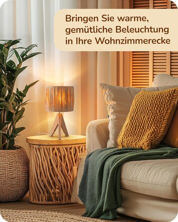 EDISHINE Настільна лампа з ручним плетінням, тепле світло 2700K, дерев'яний штатив, Boho стиль, для спальні, вітальні, готелю, з LED лампою E27 4W, абажур з ротангового паперу