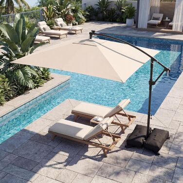 Садова парасолька COSTWAY 250x250 см з LED-підсвіткою, стійкою та рукояткою, квадратна сонцезахисна парасолька для тераси, басейну та двору, бежева