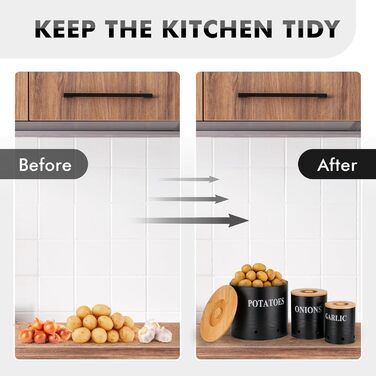 Набір контейнерів для зберігання картоплі, цибулі та часнику Lannvan | 3 шт. з бамбуковим кришками | З вентиляцією та захистом від світла (чорний)