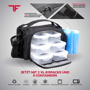 Ізольована ланчбокс з 6 контейнерами для приготування їжі – BPA-Free, багаторазові, підходять для мікрохвильової печі та морозильної камери – ланч-сумка з шейкером, органайзером для пігулок, плечовим ременем та охолоджувальними акумуляторами – термосумка 