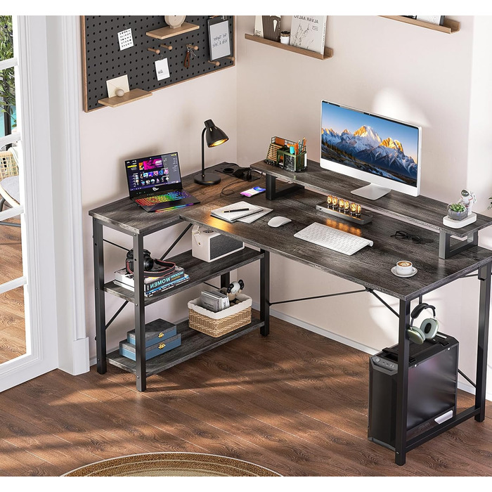 Кутовий ігровий стіл L-подібний з LED-підсвіткою та розетками, комп'ютерний стіл з полицями, обертовий, з підставкою для монітора, 120 x 70 см, дуб Грау Ейх