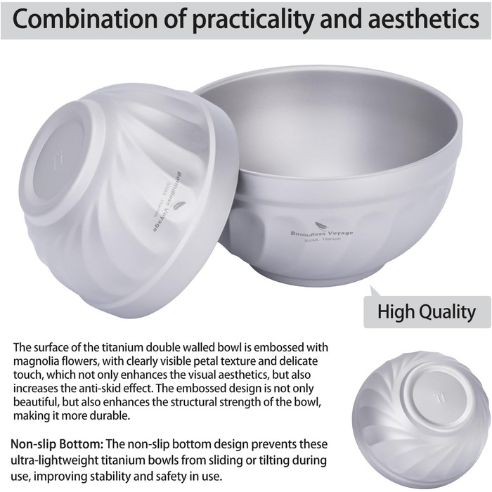 Титанові миски iBasingo з подвійними стінками 500мл та 800мл: для вівсянки, їжі, рису, супу. Легкі, портативні, металеві, для кемпінгу та подорожей
