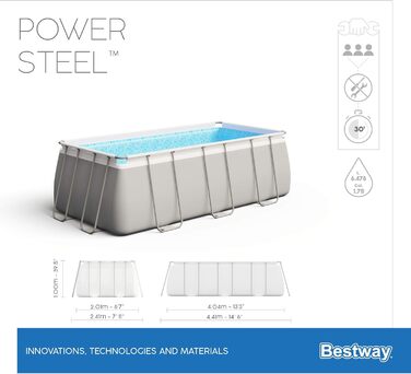 Комплект каркасного басейну Bestway Power Steel Framepool, квадратний, з фільтруючим насосом і захисною драбиною 404 x 201 x 100 см