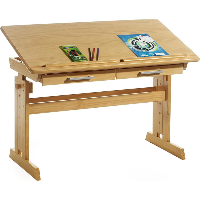 Дитячий стіл IDIMEX Olivia з сосни в красивому учнівському столі з регулюванням нахилу і висоти, практичний молодіжний стіл з висувними ящиками (кольори бука)