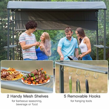 Outsunny BBQ Альтанка барбекю з вогнезахисним дахом, 2 полиці, чорний поліестер, 218x138x216 см, ідеально підходить для саду та патіо