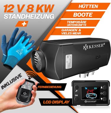 Дизельний опалювач KESSER® 12/24V з таймером, LCD-дисплеєм та пультом керування | Швидкий нагрів, термостат, шумопоглинач | 8kW (червоний/чорний)