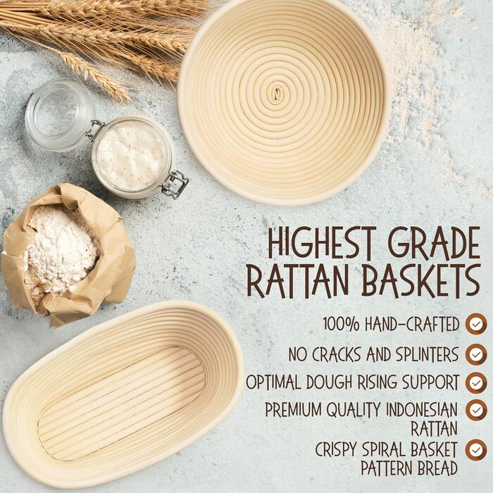 Набір для випічки закваски Superbaking: корзини Banneton (2 шт.) круглі (23 см) та овальні (25.4 см), стартер для закваски