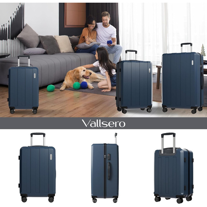Набір валіз Vallsero 5шт, Gepäck Set, Trolleys, валізи для подорожей, ABS, TSA-замок, 1 сумка та 1 косметичка, 4 колеса, телескопічна ручка з алюмінію (Roségold), темно-синій