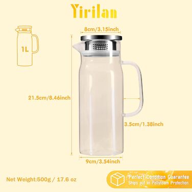 Скляна карафа Yirilan 1.5л з кришкою, 1000 мл - прозора скляна канавка для води