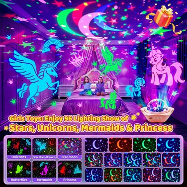 Проєктор зоряного неба One Fire Sternenhimmel для дітей: 96 режимів + 6 фільмів, нічник, обертання 360°, рожевий, з пультом ДУ, подарунок для дівчаток 1-9 років