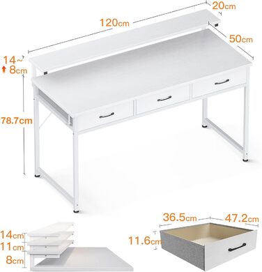 Стіл білий, шухляди, підставка для монітора, регульована по висоті, 120x50x78.7 см